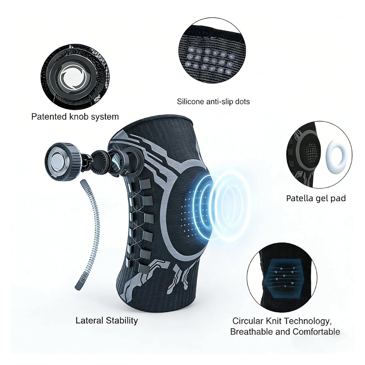 Dial Adjustable Compression Knee Brace, Breathable Non-Slip Knee Support for Arthritis, Meniscus Tear, Sports Running, ACL Injury Recovery for Men & Women